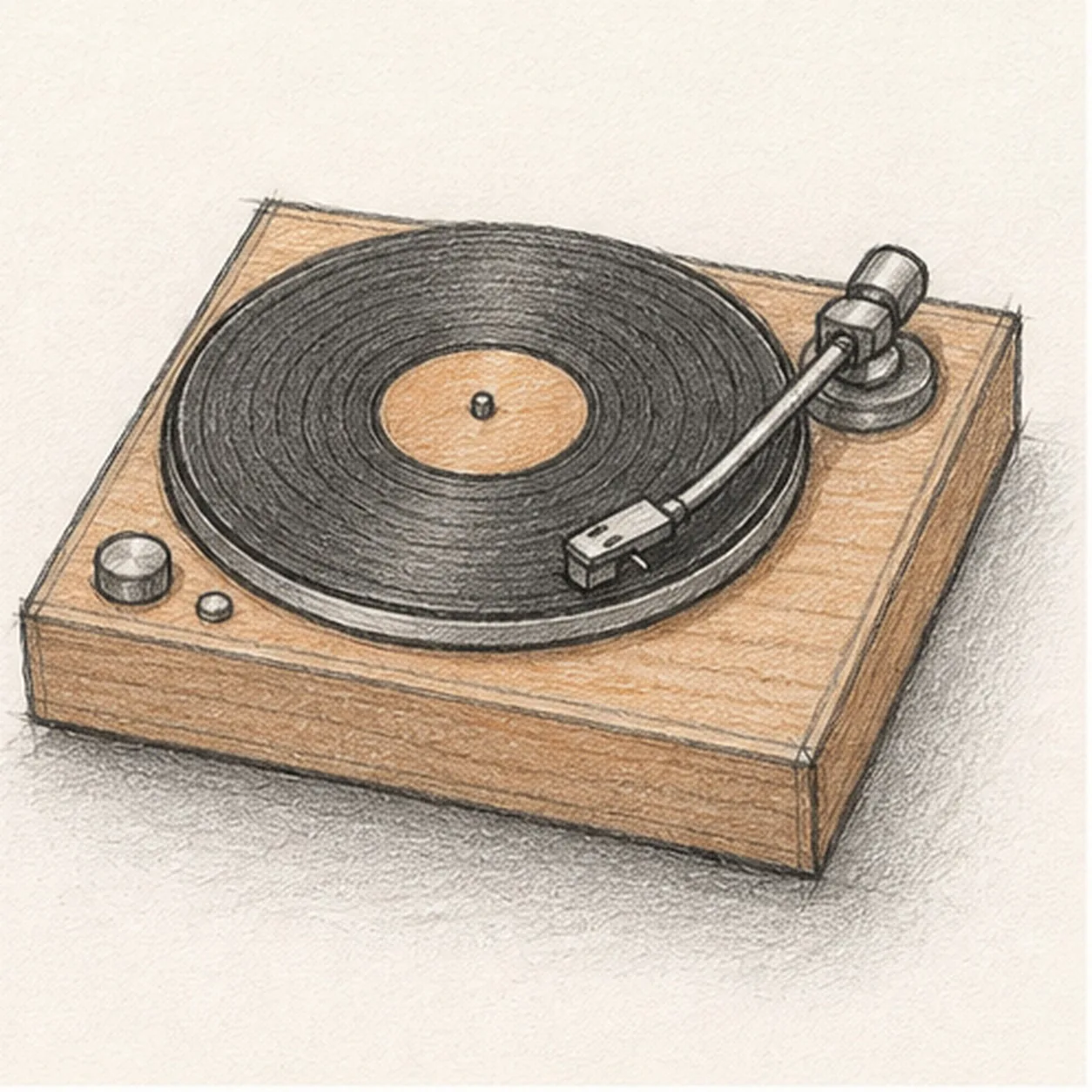 Graphite sketch of a record player with open lid, round vinyl record, center label, angled tonearm, needle head, small base controls, record grooves, and soft shadows