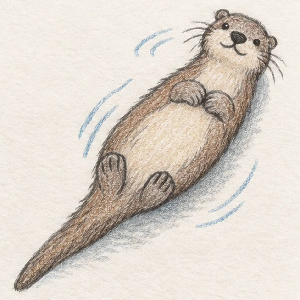 Handmade graphite and restrained colored-pencil sketch of one warm-brown river otter floating diagonally on its back with exactly two small ears, two bright eyes, one dark nose, three whiskers on each cheek, exactly two forepaws resting over a pale-tan belly, exactly two hind paws with three toe marks each, one long tapering tail, exactly three broken pale-blue ripple groups, visible paper tooth, and one soft cool-gray shadow