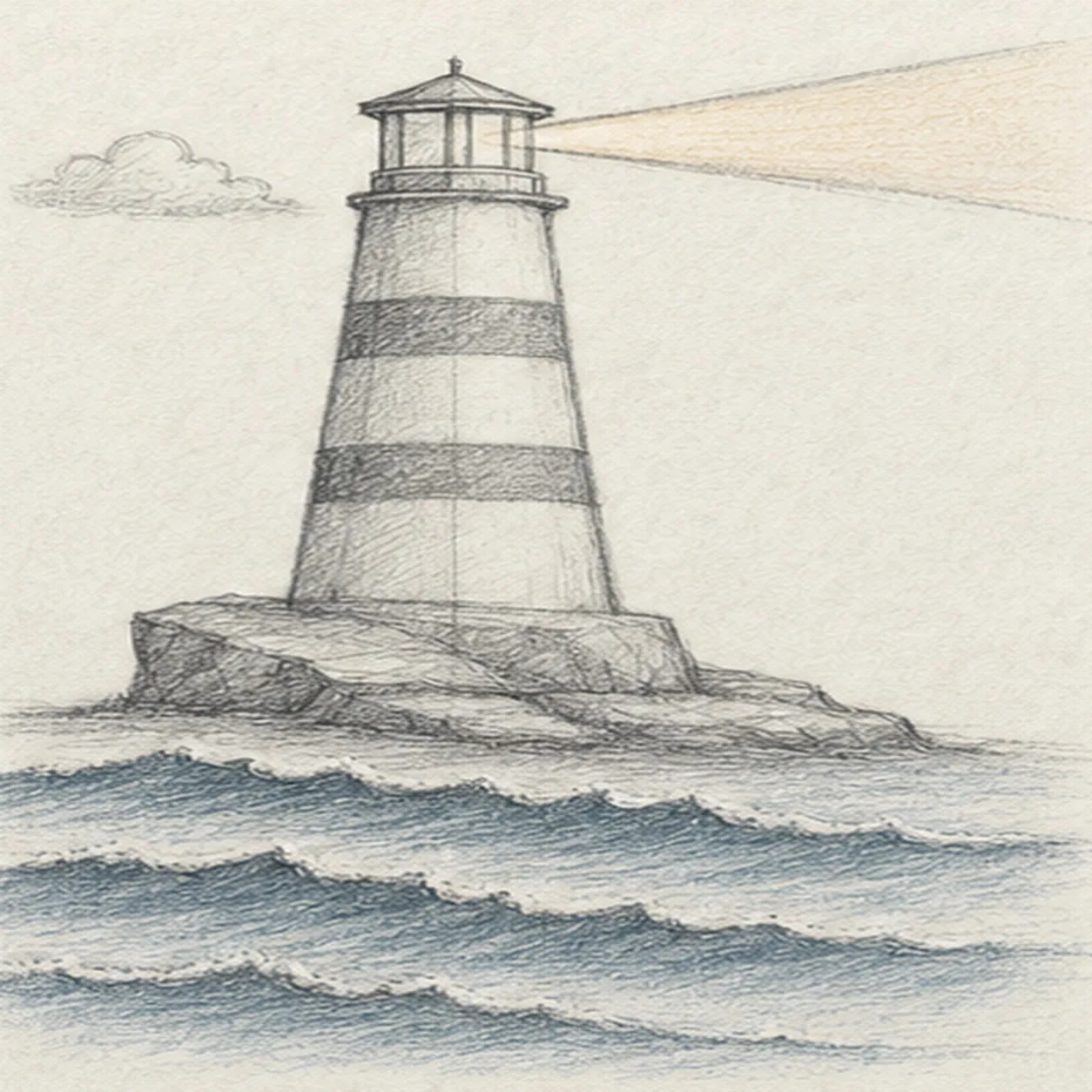 Graphite and colored-pencil sketch of a tall striped lighthouse on layered shore rocks with a small lantern room, shallow roof, curving foreground waves, tiny cloud, and a narrow warm beam