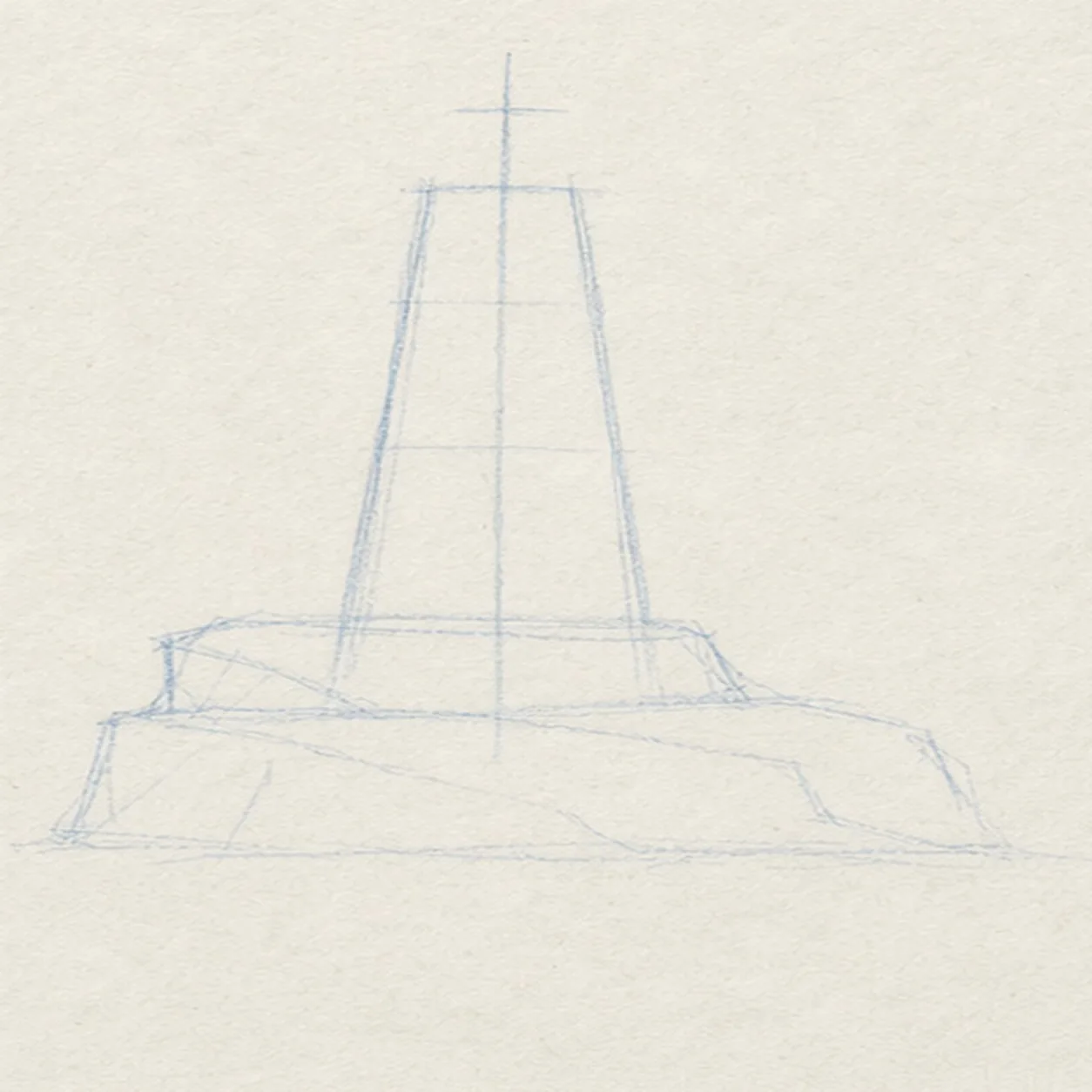 Block the tower and shore stage for how to draw a lighthouse