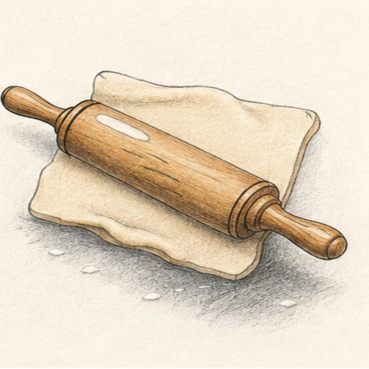 Handmade graphite and restrained colored-pencil sketch of one face-free honey-brown wooden rolling pin angled from upper left to lower right across one warm-cream sheet of pastry dough, with one cylindrical barrel, exactly two tapered attached handles, two narrow collars, two barrel-end rings, exactly three curved wood-grain marks, exactly two open-paper wood highlights, exactly four small flour dashes, exactly two shallow dough folds, visible paper tooth, and one broken cool-gray ground shadow