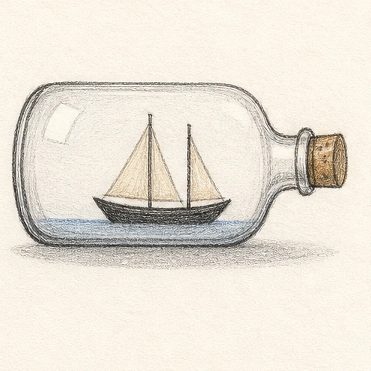 Handmade graphite and restrained colored-pencil sketch of one horizontal clear glass bottle with a short neck and warm cork, containing one small dark sailboat hull, exactly two thin masts, exactly two cream triangular sails, a pale blue waterline, two open-paper reflections, and a soft gray shadow