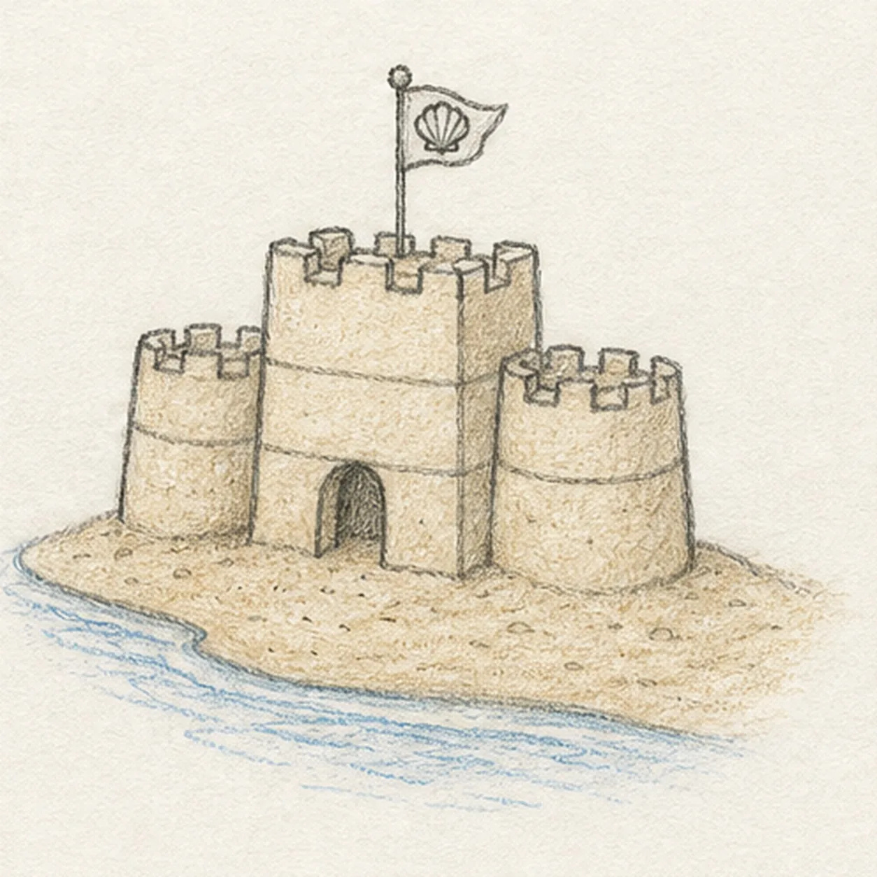 Graphite and colored-pencil sketch of a small sandcastle by the shore with a central tower, two round turrets, crenellations, arched doorway, shell flag, pale sand, and blue water edge