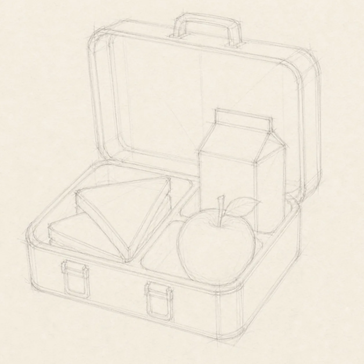 Block the open box stage for how to draw a school lunchbox