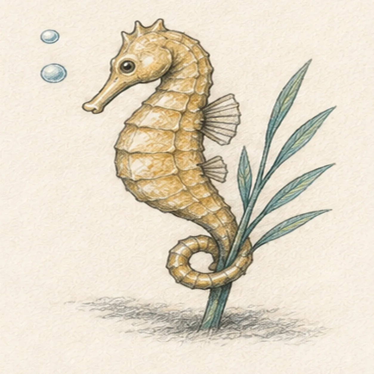 Handmade graphite and restrained colored-pencil sketch of one left-facing muted-ochre seahorse with one horse-like head and long snout, one three-point crown ridge, one visible eye, one arched neck and rounded belly, one tapering clockwise-curled tail wrapped exactly once around one teal-green eelgrass stem, one ribbed dorsal fin, exactly two small side fins, exactly seven curved torso plates, exactly five narrow eelgrass leaves, exactly two pale-blue bubbles, exactly two open-paper highlights, visible paper tooth, and one broken cool-gray ground shadow