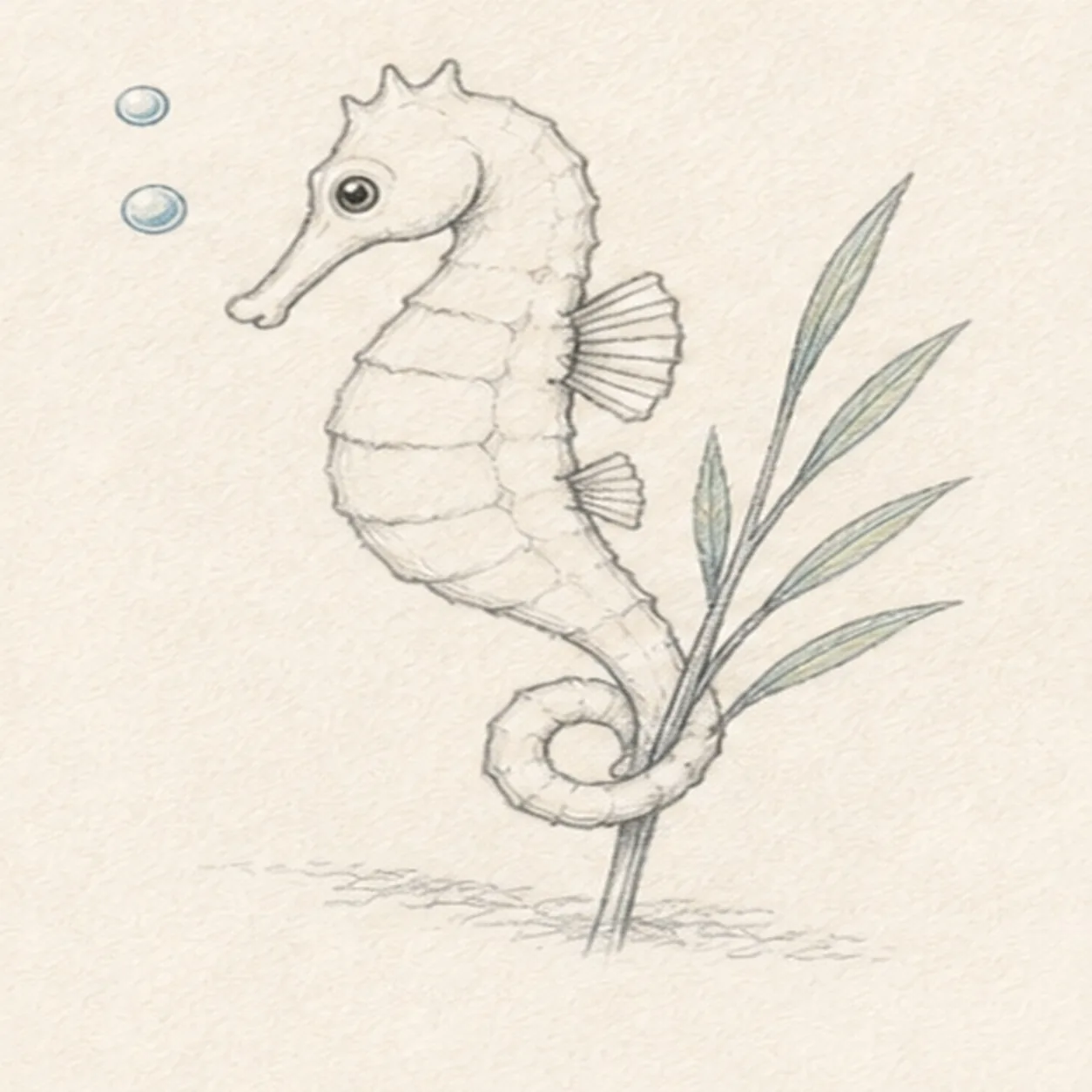 Place plates grass and bubbles stage for how to draw a seahorse