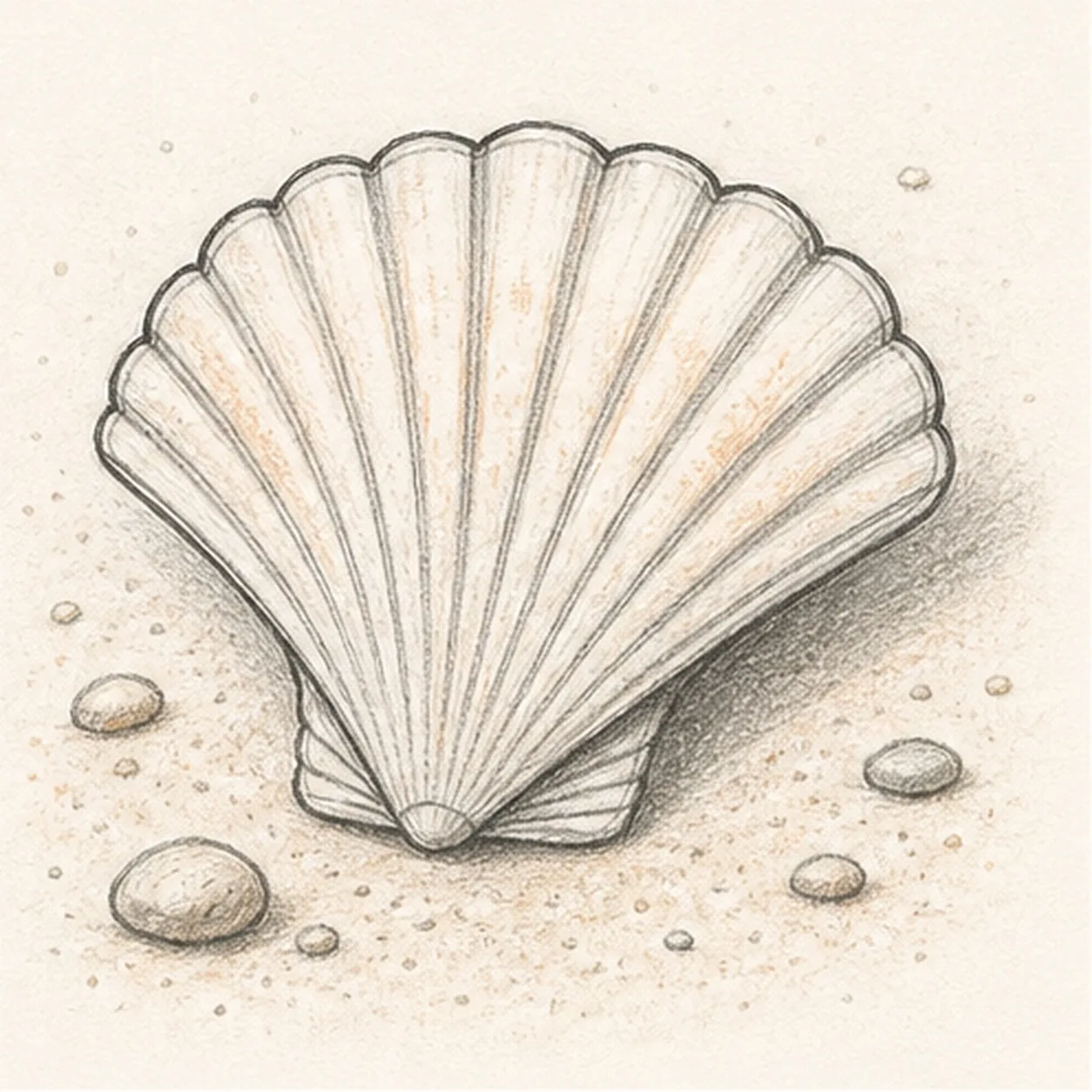 Graphite and peach colored-pencil sketch of a fan-shaped seashell on sand with scalloped edge, radiating ridges, hinge folds, pebbles, and cast shadow