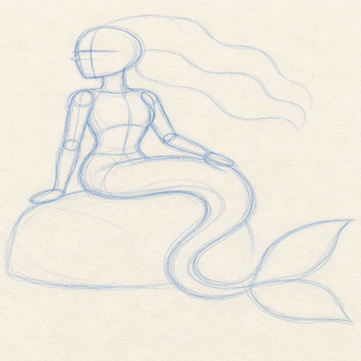 Place the mermaid gesture stage for how to draw a mermaid seated on a rock