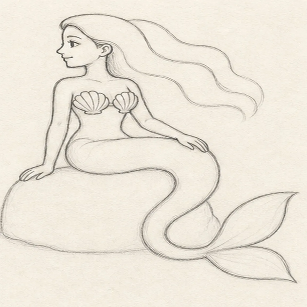 Set the face and flowing hair stage for how to draw a mermaid seated on a rock