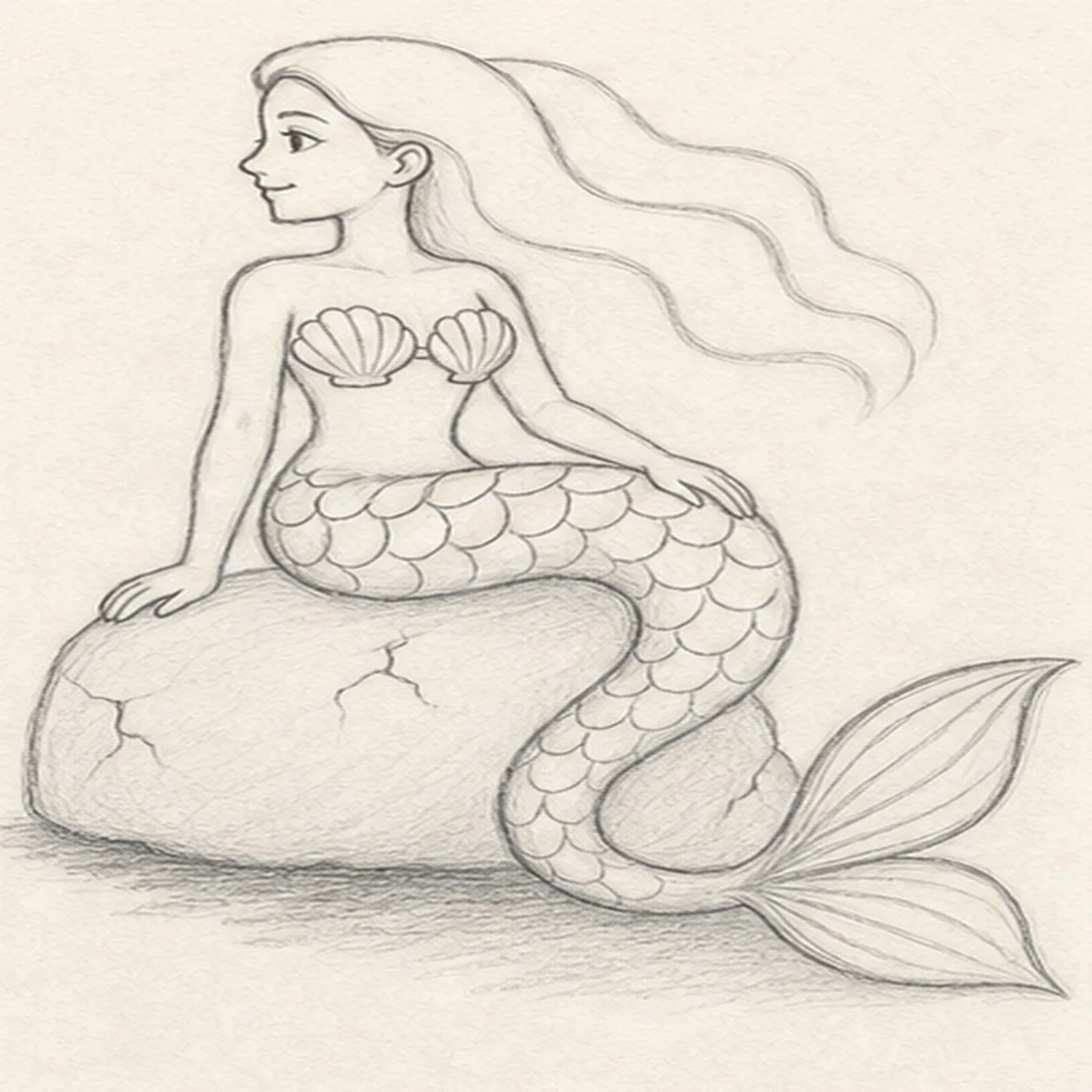 Pattern the tail and rock stage for how to draw a mermaid seated on a rock