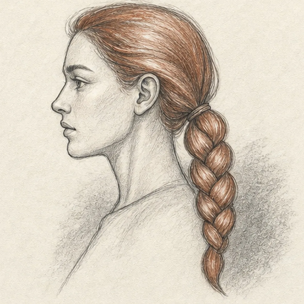 Handmade graphite and muted-auburn colored-pencil sketch of one generic young adult in left-facing side profile with a clear forehead, nose, lips, and chin silhouette, one visible eye and eyebrow, one visible ear, swept-back hair tied into one long interlocking braid below the shoulder, relaxed neck and shoulder lines, directional hair texture, paper highlights, restrained facial shading, and one broken graphite shadow