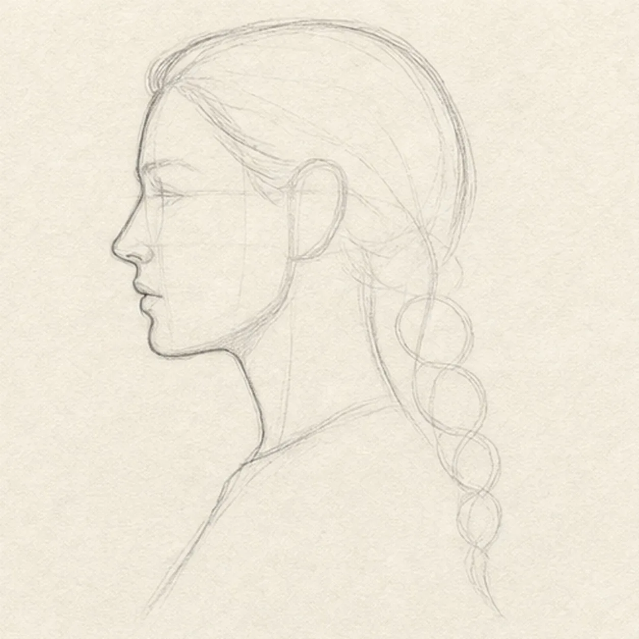 Shape the profile and hair mass stage for how to draw a side-profile portrait with a braid