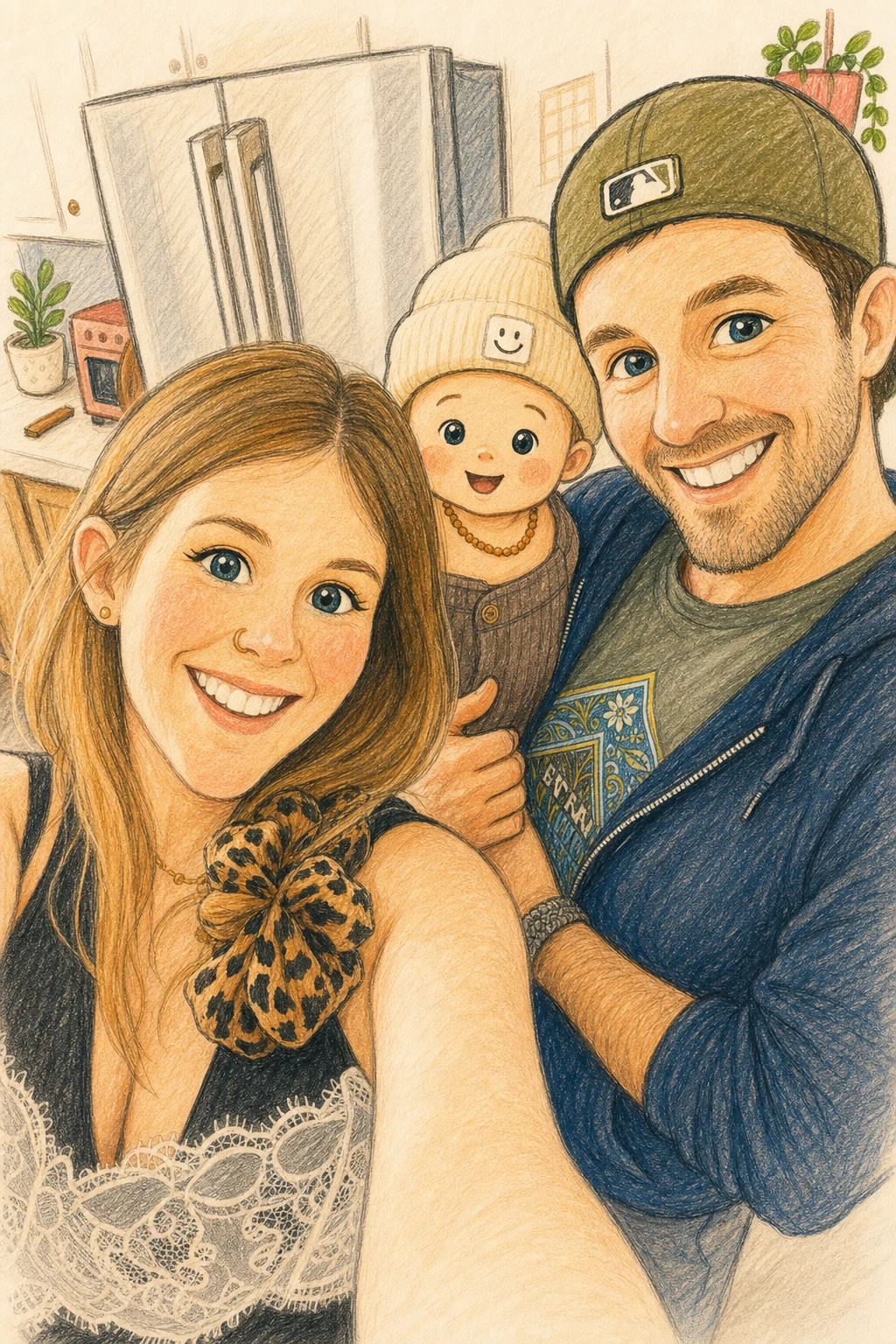 Pencil sketch portrait of Robby, Tracie, and their baby in a home kitchen