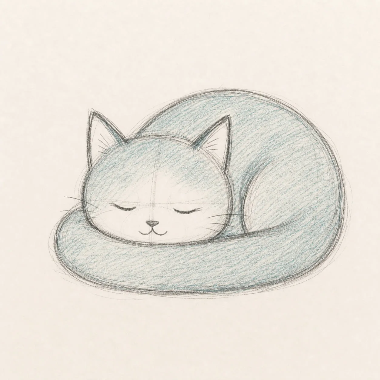 Loose graphite and blue-pencil sketch of a sleepy cat curled around its tail
