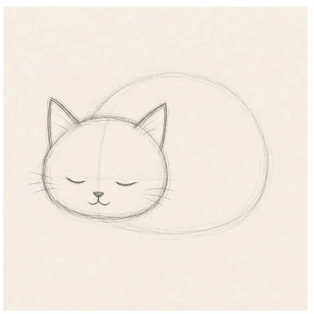 Add the ears and face stage for how to draw a sleepy cat