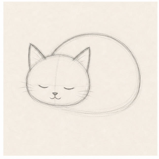 Find the curled outline stage for how to draw a sleepy cat
