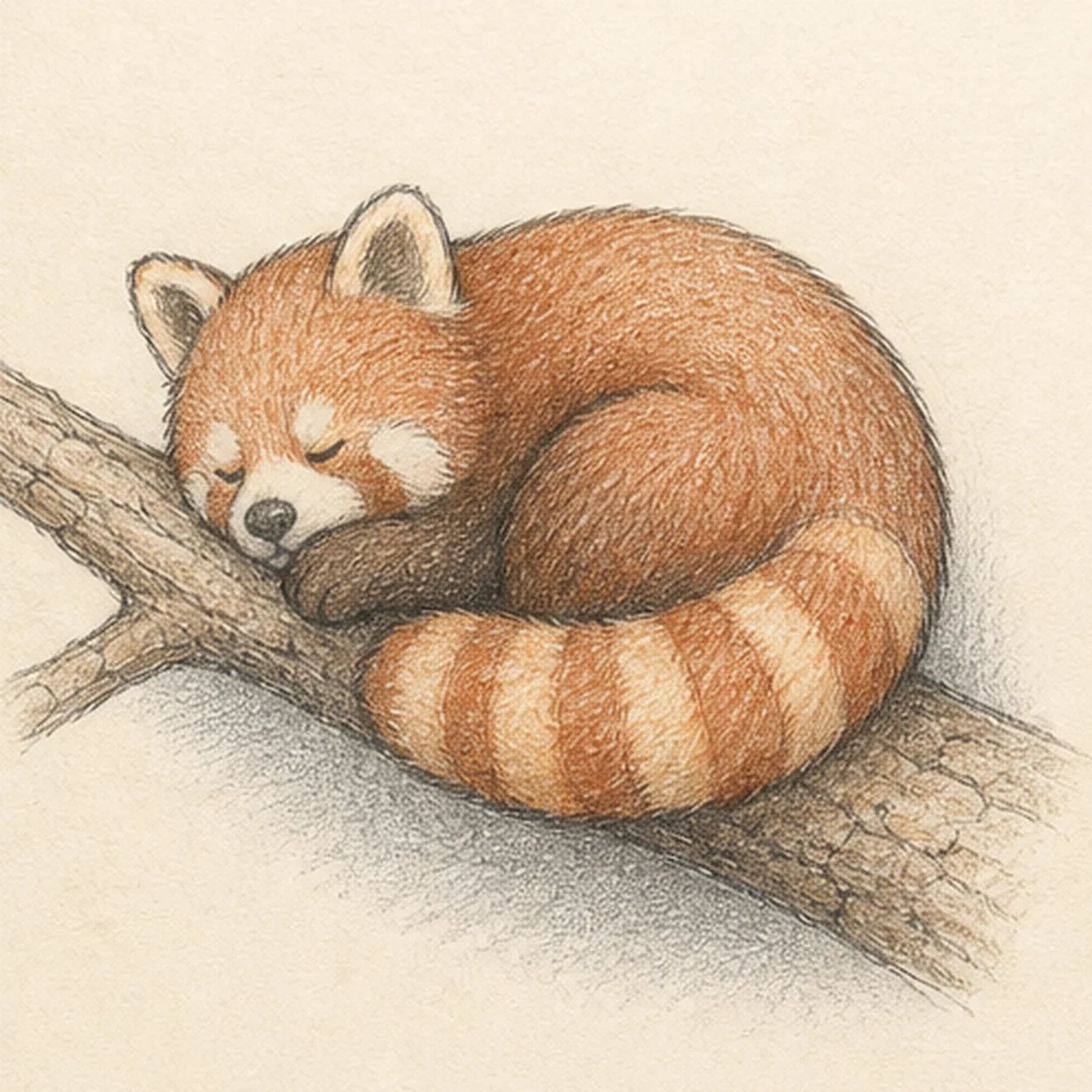 Handmade graphite and restrained colored-pencil sketch of one left-facing sleepy red panda curled on one diagonal brown branch with one short fork, exactly two rounded ears, two closed curved eyes, one small dark nose, pale cream cheek masks, two tucked paws, one broad wrapping tail with exactly four pale stripe bands, rust and warm-brown pencil texture, open-paper highlights, and one broken cool-gray ground shadow