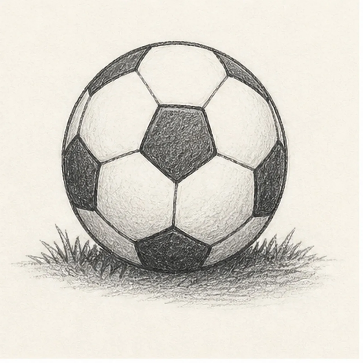Graphite sketch of a soccer ball with pentagon panels resting in short grass