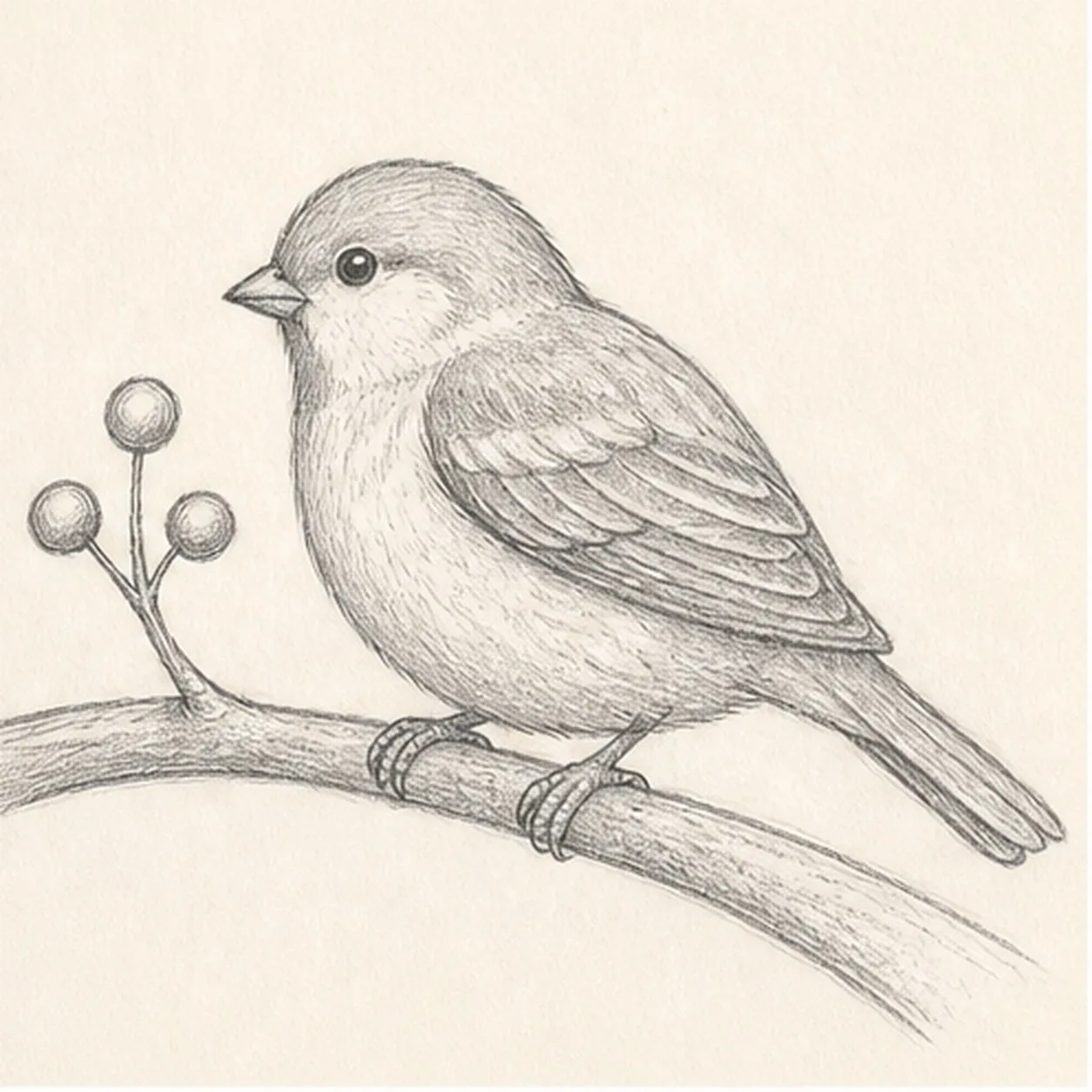 Handmade graphite sketch of a plump side-view sparrow on a curved branch with a berry twig, layered wing, tapered tail, and gentle feather shading