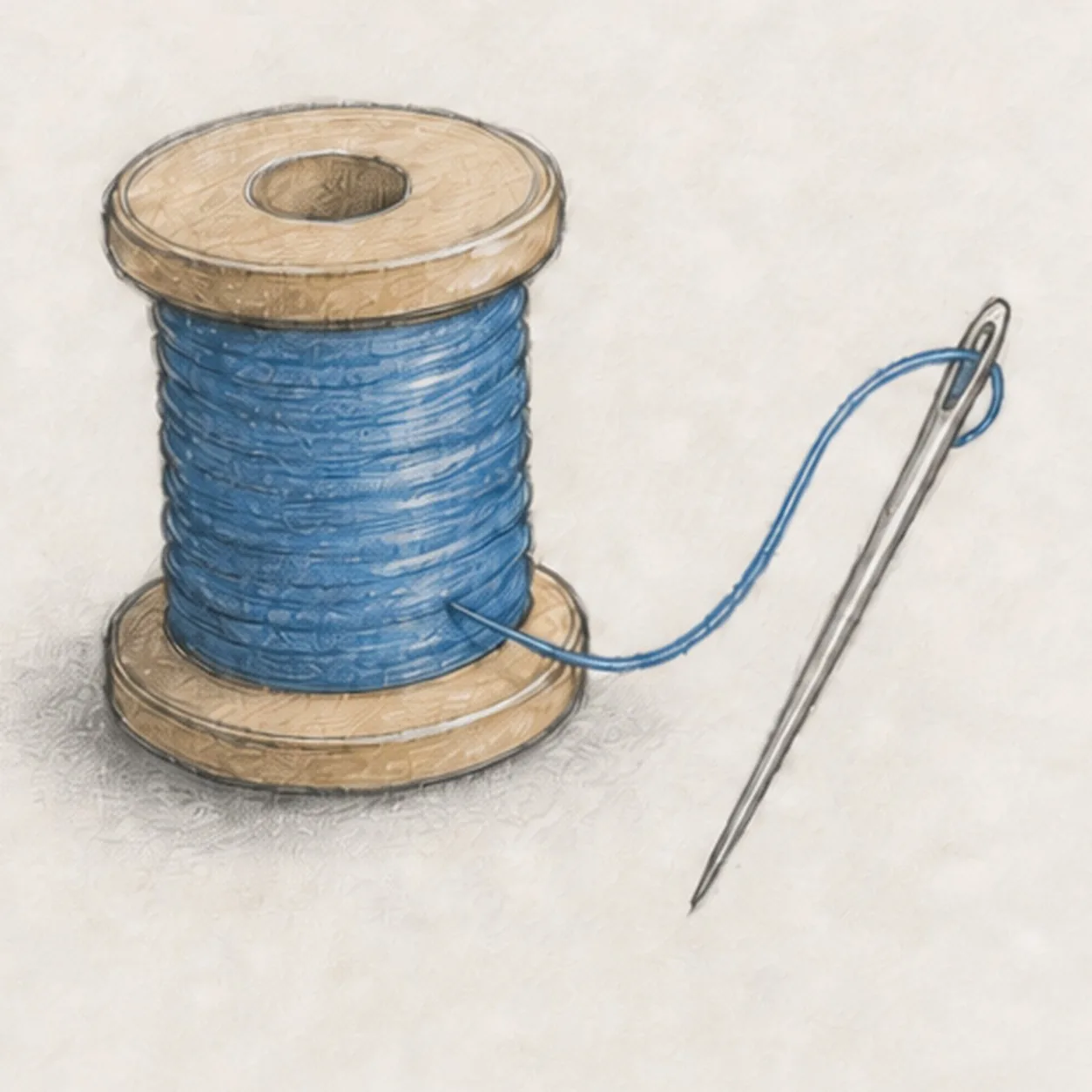 Handmade graphite and colored-pencil sketch of a three-quarter wooden spool wrapped in blue thread beside one diagonal silver sewing needle, with one continuous blue strand passing through the needle eye, warm ochre flanges, curved thread ridges, and soft cast shadow