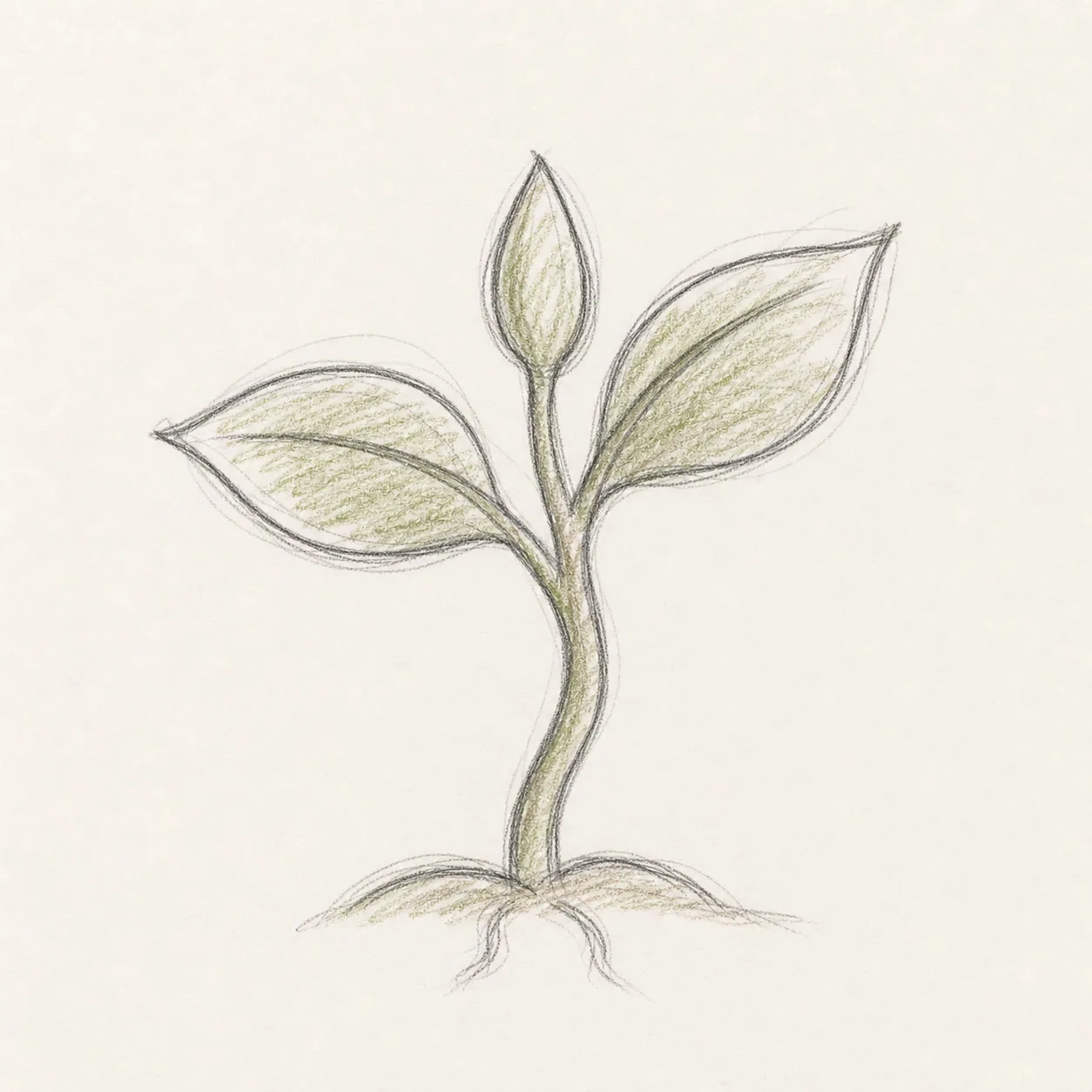 Loose graphite and green-pencil sketch of a four-leaf sprout