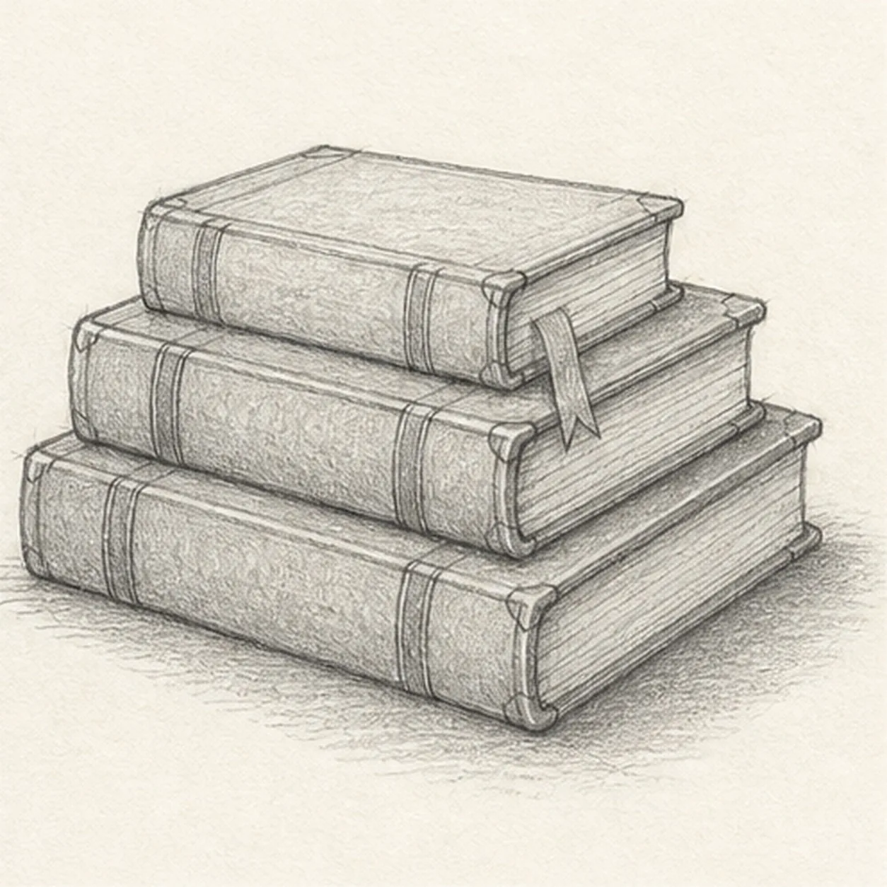 Graphite sketch of three stacked books with page edges, a ribbon bookmark, worn cover bands, and soft shadow