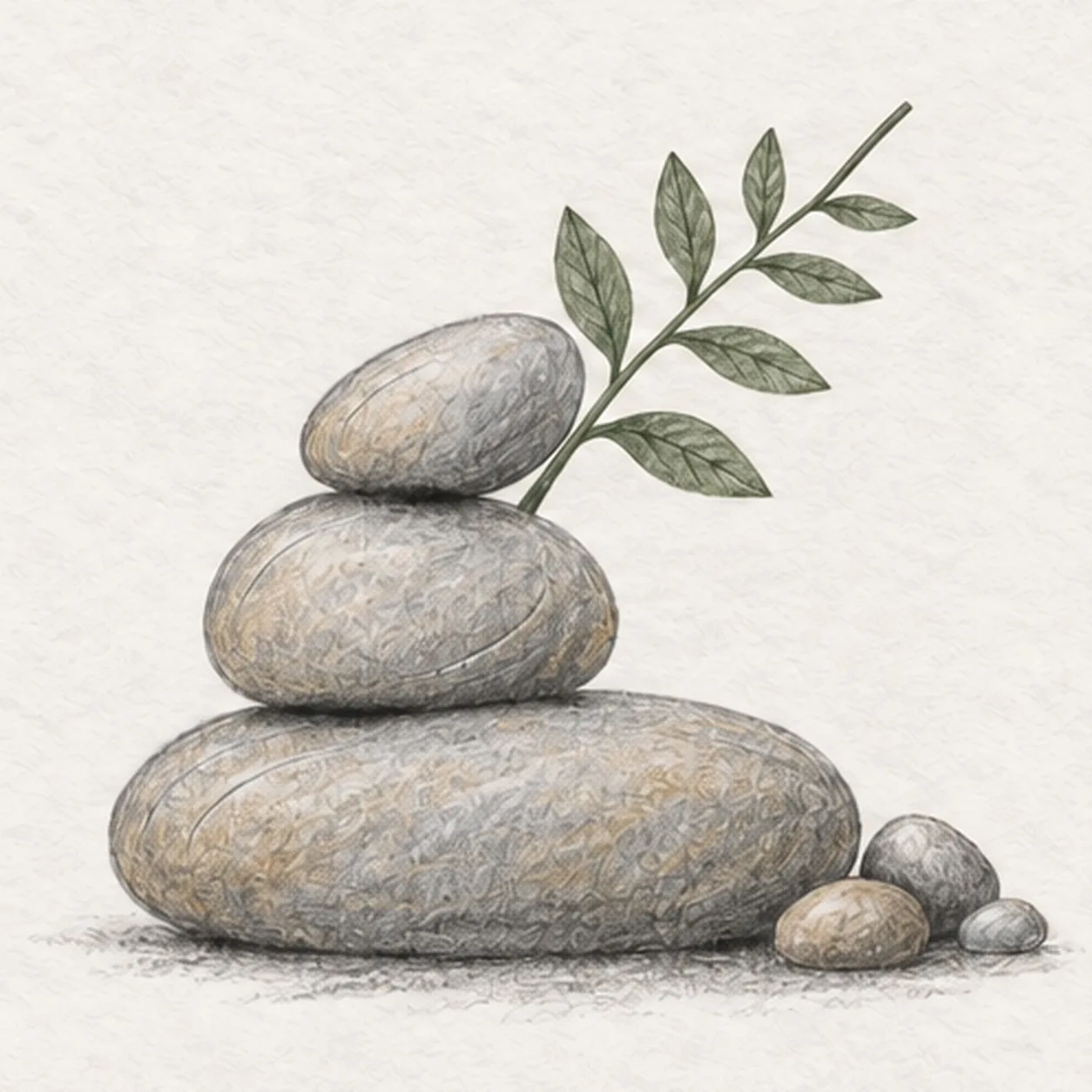 Set the quiet values stage for how to draw stacked river stones with a fern sprig