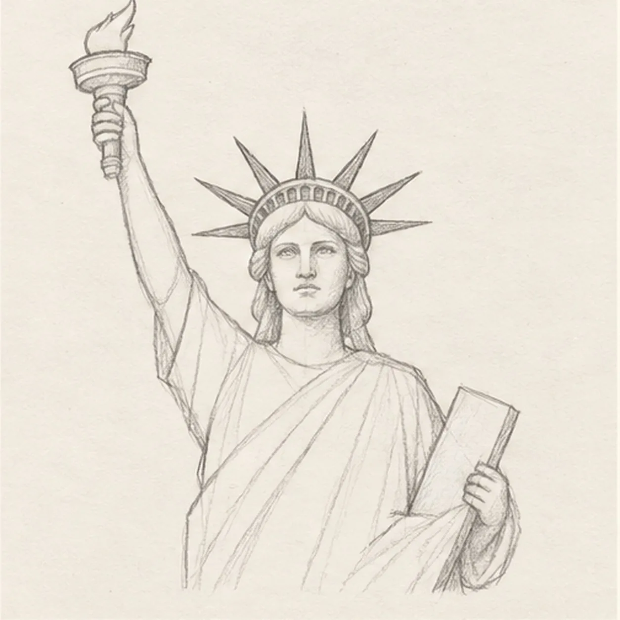 Build the face and crown stage for how to draw the Statue of Liberty with a torch
