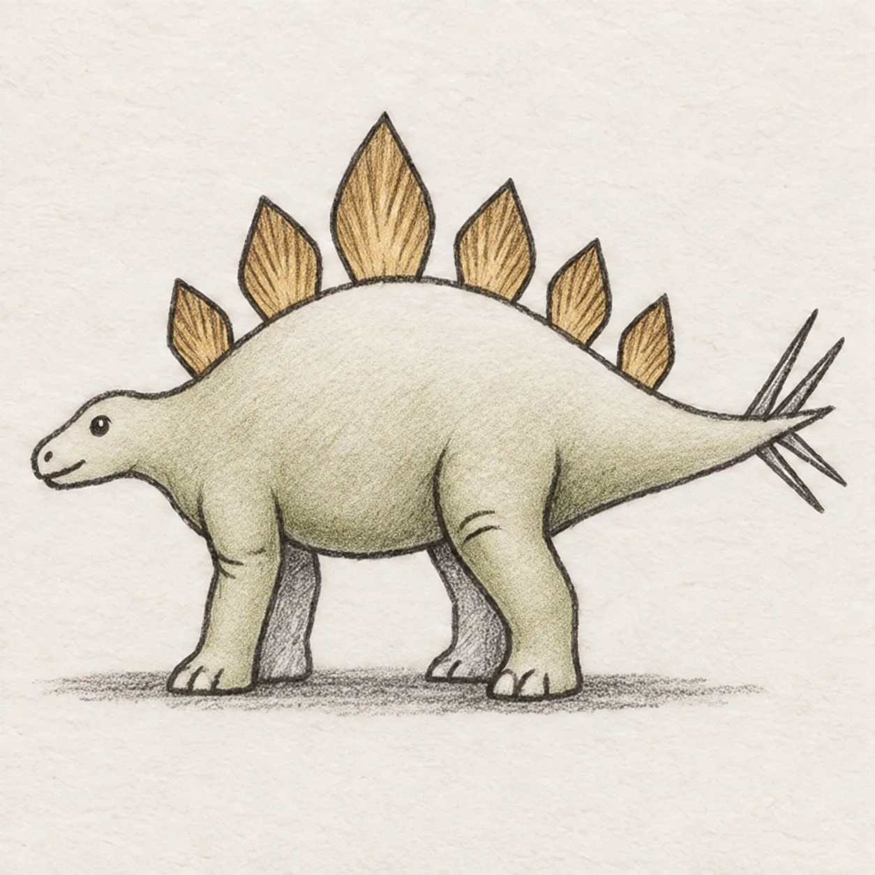 Handmade graphite and muted olive pencil drawing of a left-facing stegosaurus with a low head, arched back, six ochre plates, four legs, four pointed tail spikes, visible knee creases and a soft ground shadow.