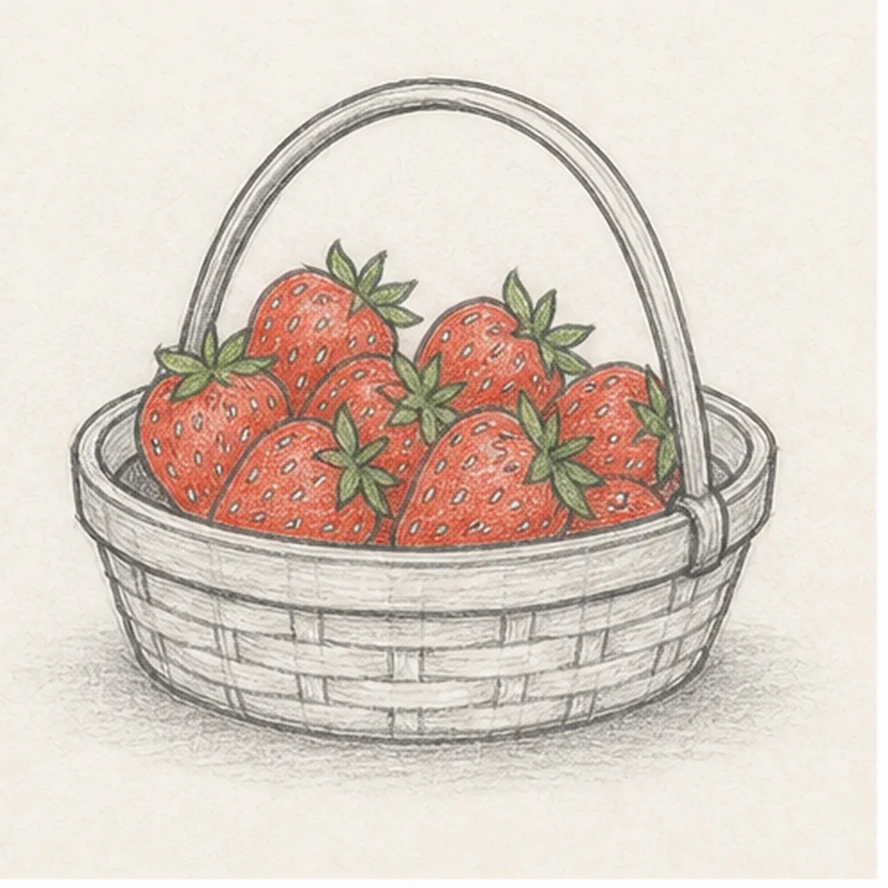 Graphite and colored-pencil sketch of a shallow woven basket filled with red strawberries, green leafy caps, arched handle, seed dots, and soft ground shadow