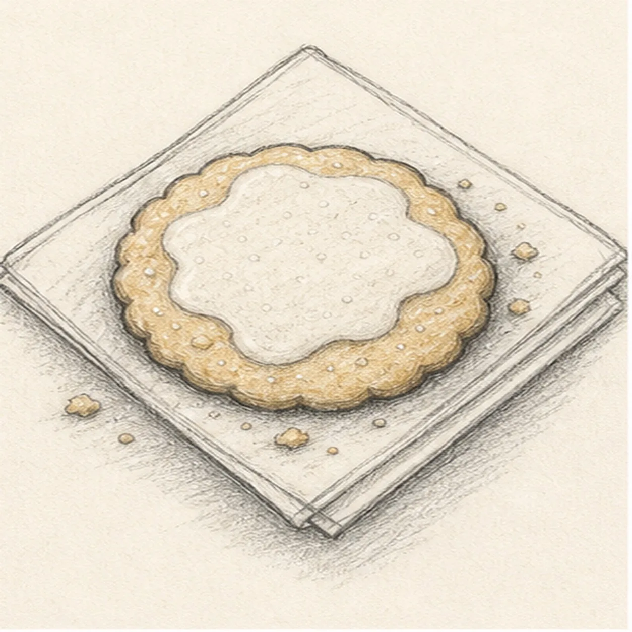 Graphite and colored-pencil sketch of a round sugar cookie on a folded napkin with scalloped edge, irregular icing patch, tiny crumbs, sugar dots, warm golden tone, and soft shadow