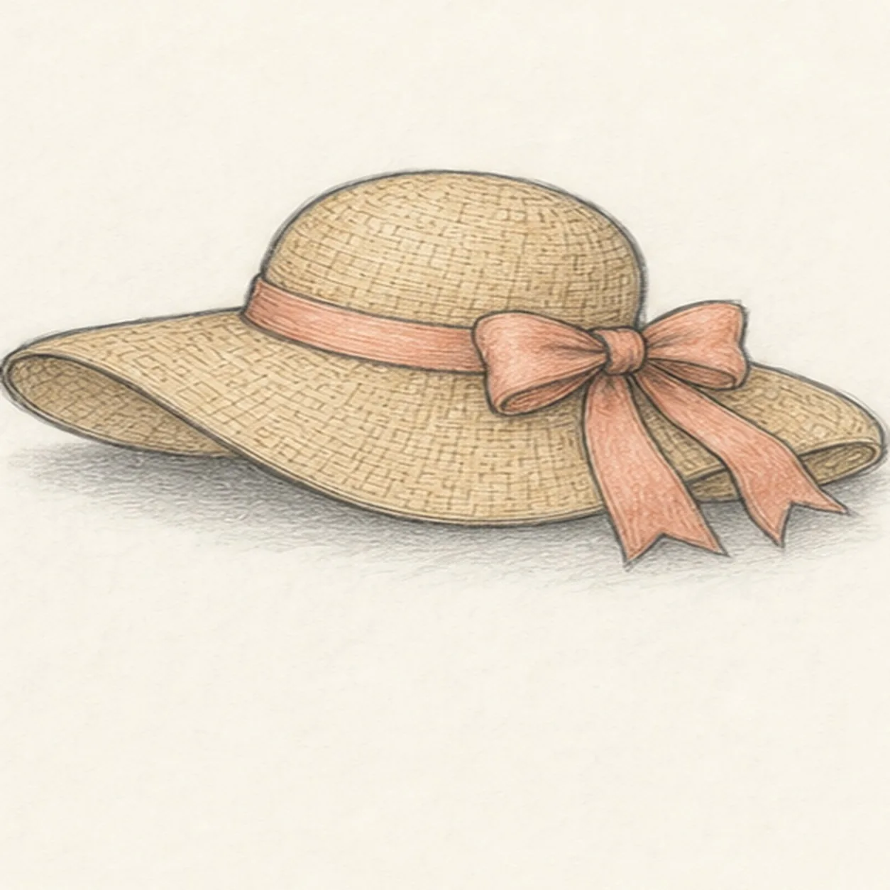 Graphite and colored-pencil sketch of a summer straw sun hat with a floppy brim, rounded crown, peach ribbon bow, woven texture, and soft cast shadow