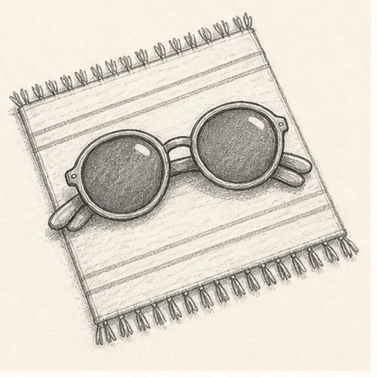 Graphite sketch of round sunglasses resting on a striped beach towel with fringe and dark shaded lenses