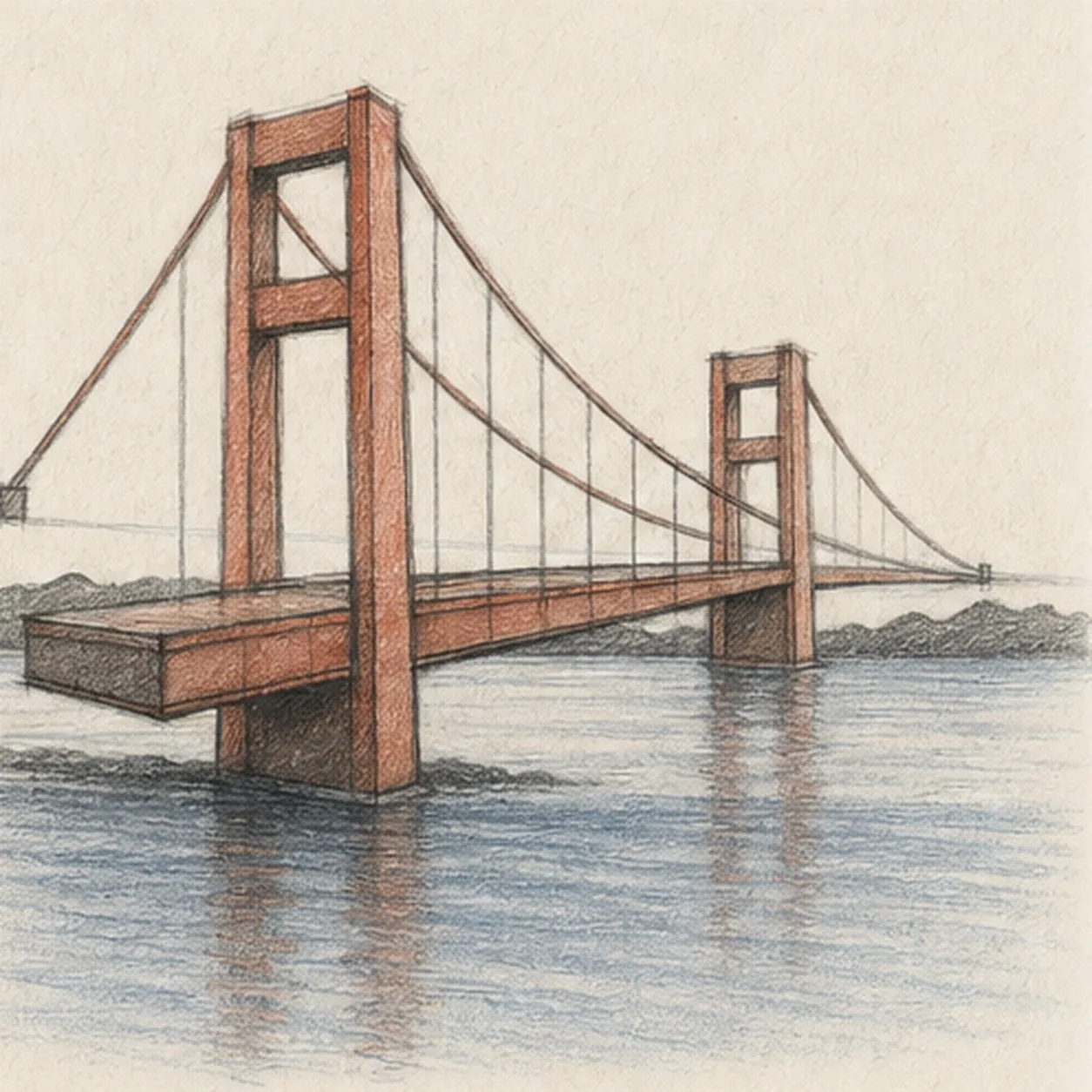 Handmade graphite and restrained colored-pencil sketch of a generic suspension bridge in a low three-quarter perspective with two rust-red rectangular portal towers, one deck narrowing toward the right, two curved main suspension cables, a consistent rhythm of vertical suspenders, two anchor points, a low graphite shoreline, calm blue-gray water bands, paper highlights, and broken bridge reflections
