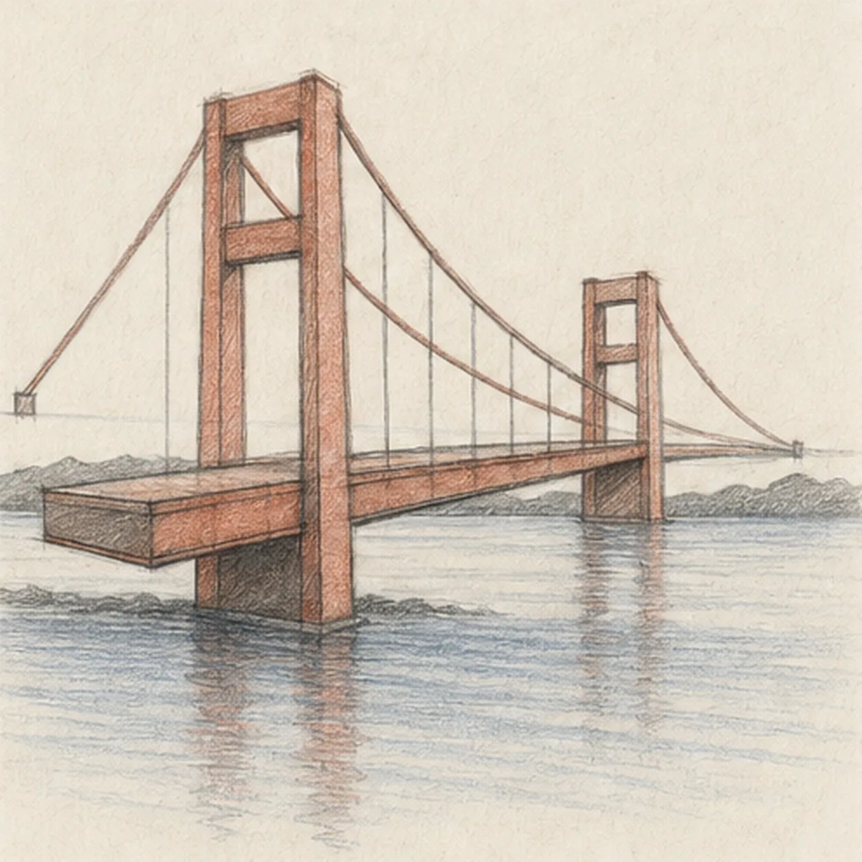 Shade the span stage for how to draw a suspension bridge