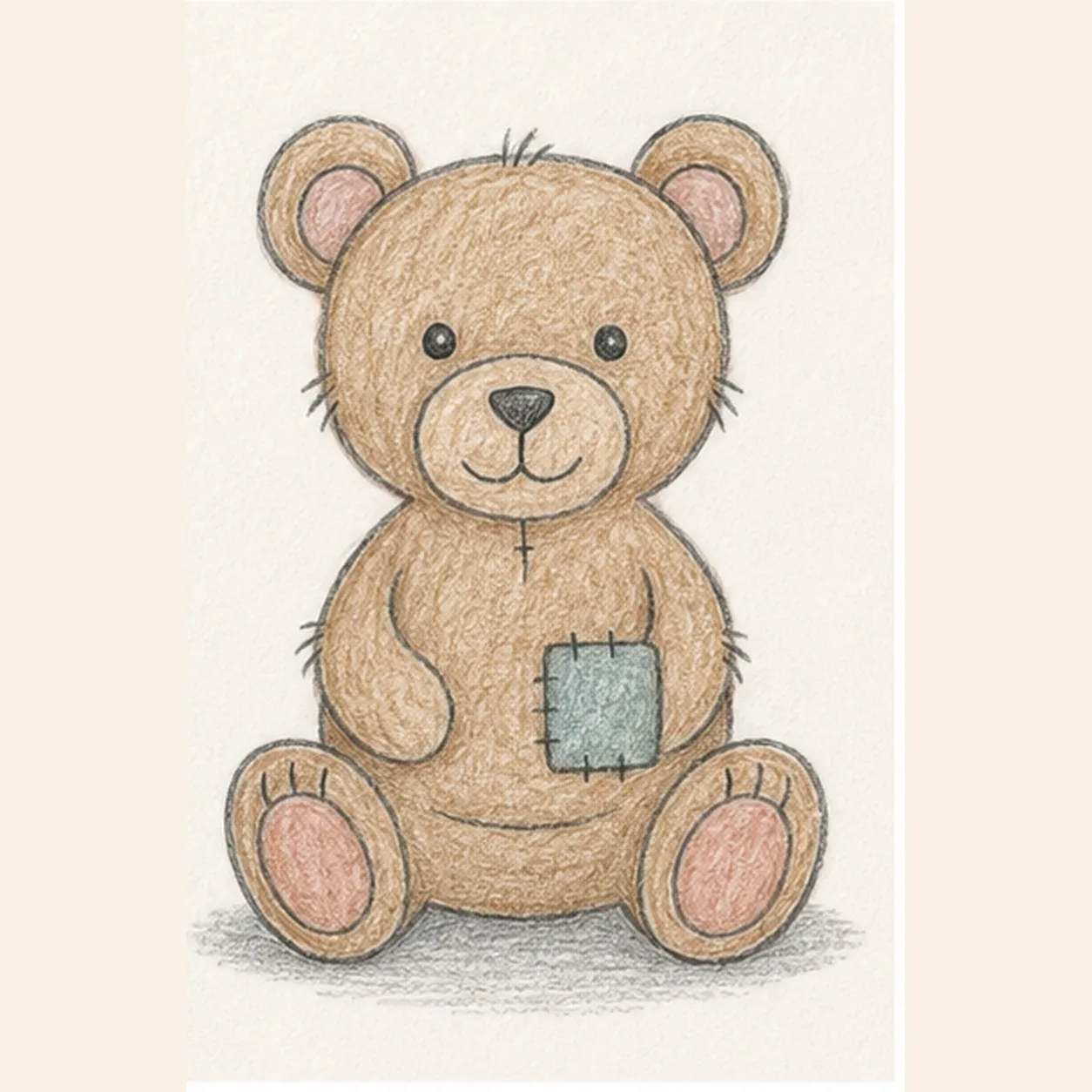 Handmade graphite and restrained colored-pencil sketch of one centered front-facing seated warm-brown teddy bear with exactly two round ears, two small dark eyes, one oval muzzle, two curved arms, two oval feet with dusty-rose pads and three toe marks each, one muted-teal lower-right belly patch with exactly seven stitches, one center seam, exactly five small fur-tick groups, visible paper tooth, and one broken cool-gray ground shadow
