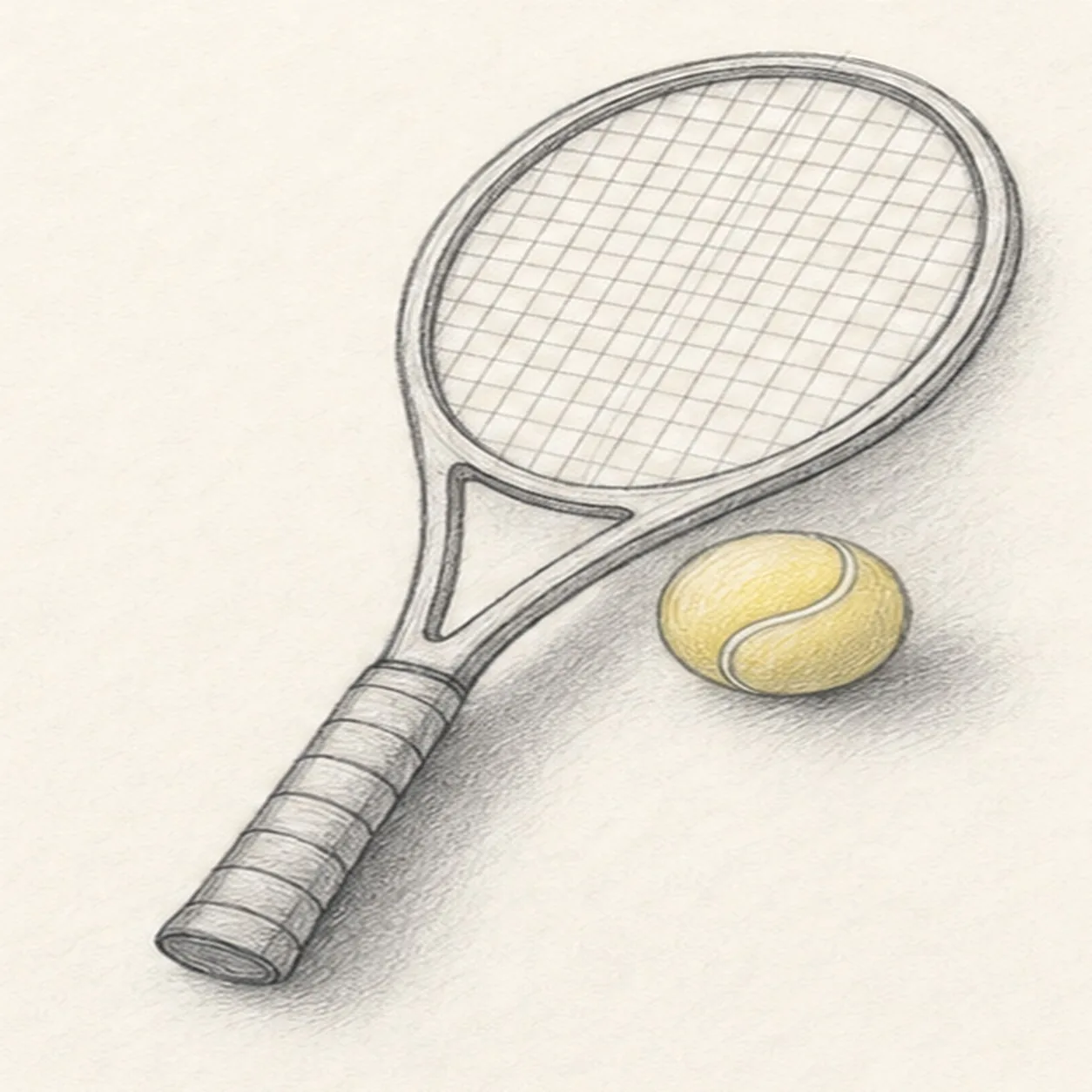 Graphite and light yellow colored-pencil sketch of a tennis racket with strings, wrapped handle, tennis ball, seam, and soft shadow
