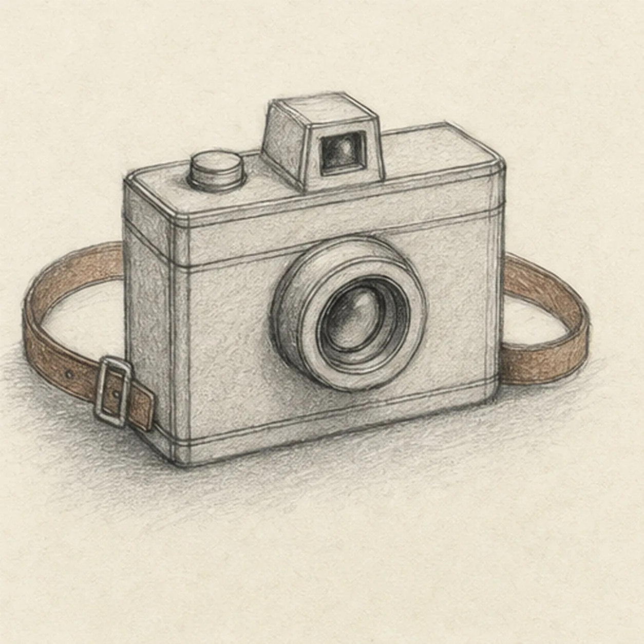 Graphite and colored-pencil sketch of a compact vintage camera on a loose brown strap with a boxy body, round lens barrel, raised viewfinder, shutter button, body seams, buckle, warm-gray tone, and soft shadow