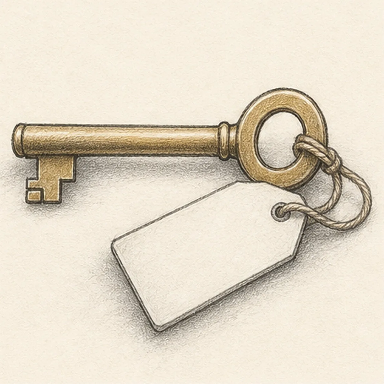 Graphite and colored-pencil sketch of a vintage brass key with long shaft, round bow, inner opening, stepped teeth, blank paper tag, string loop, and soft surface shadow