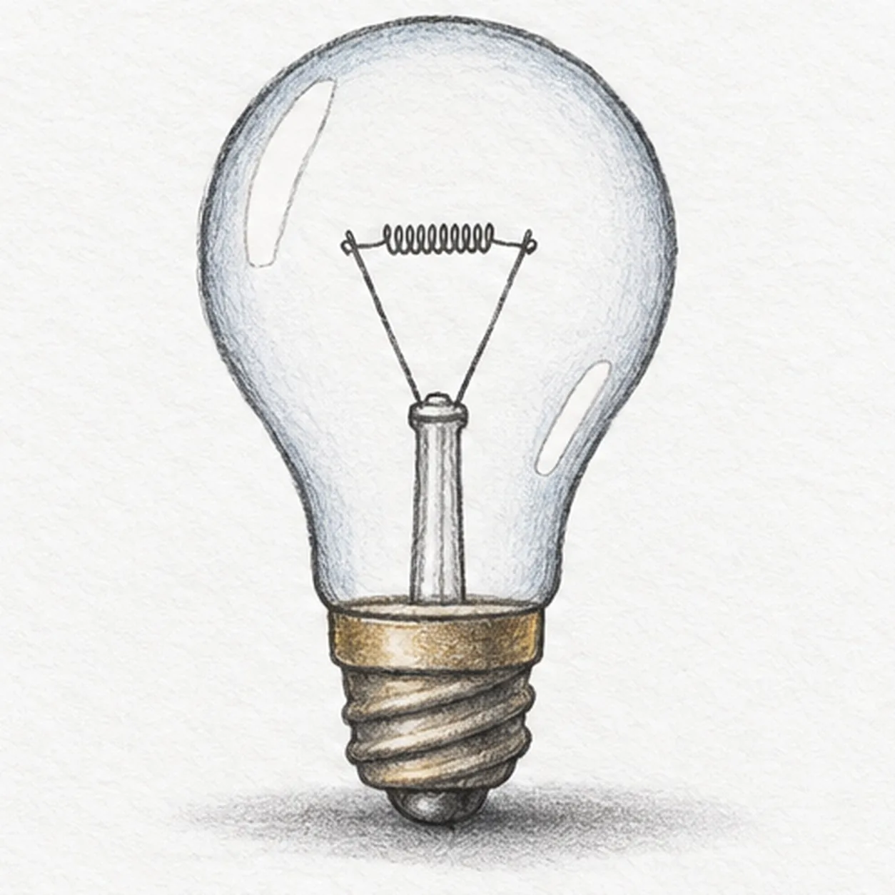 Handmade pencil sketch of an upright vintage light bulb with pale blue-gray glass edges, two white reflections, a central stem and coiled filament on two support wires, three diagonal brass screw bands and a dark contact above a soft graphite shadow.