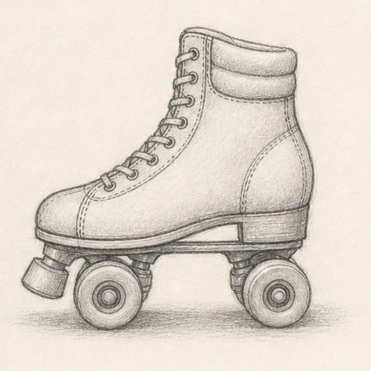 Graphite sketch of a vintage high-top roller skate with laces, four wheels, a toe stop, cuff seams, and soft shading