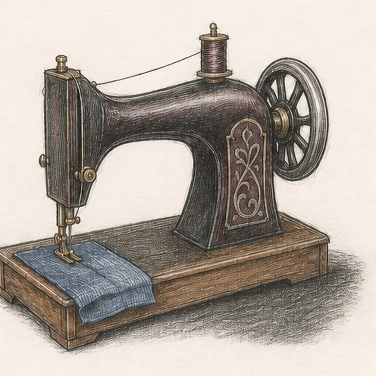 Handmade graphite and restrained colored-pencil sketch of one unbranded vintage sewing machine in a three-quarter side view with one charcoal-and-burgundy arched cast-iron body, one large right handwheel, one top spool, a visible thread path, one brass needle and presser foot, one folded muted-blue fabric rectangle, one wordless brass ornamental panel, one warm-brown wooden platform, open paper highlights, and one broken graphite tabletop shadow