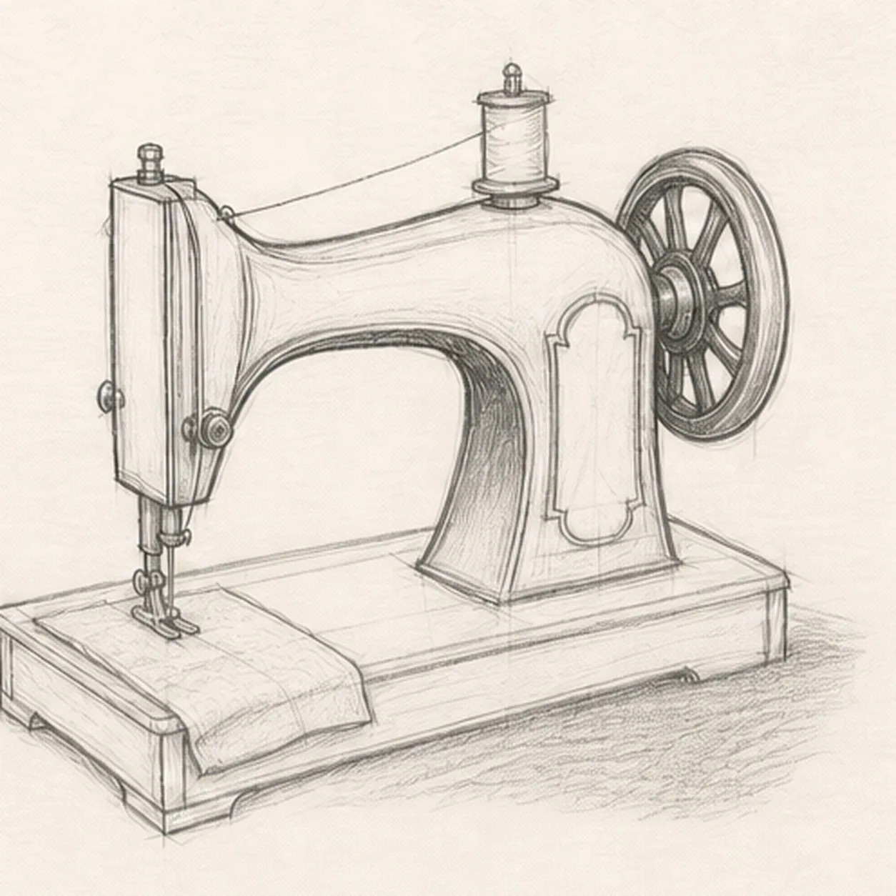 Connect wheel thread and needle stage for how to draw a vintage sewing machine
