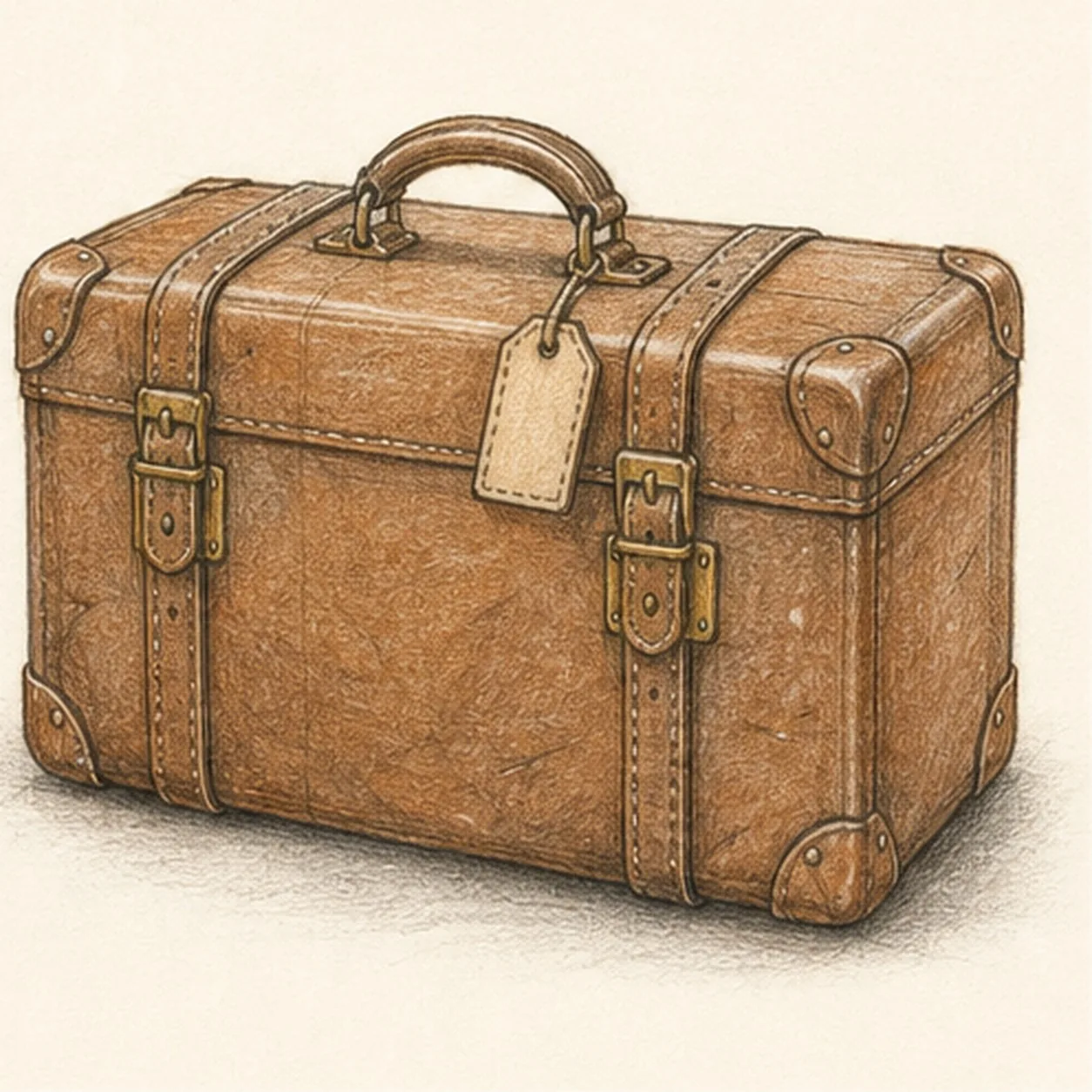 Handmade graphite and warm brown colored-pencil sketch of a three-quarter vintage leather travel suitcase with rounded shell, lid seam, six visible reinforced corner caps, arched handle, two vertical straps and latch assemblies, a blank hanging luggage tag, stitching, worn creases, ochre hardware, and soft ground shadow