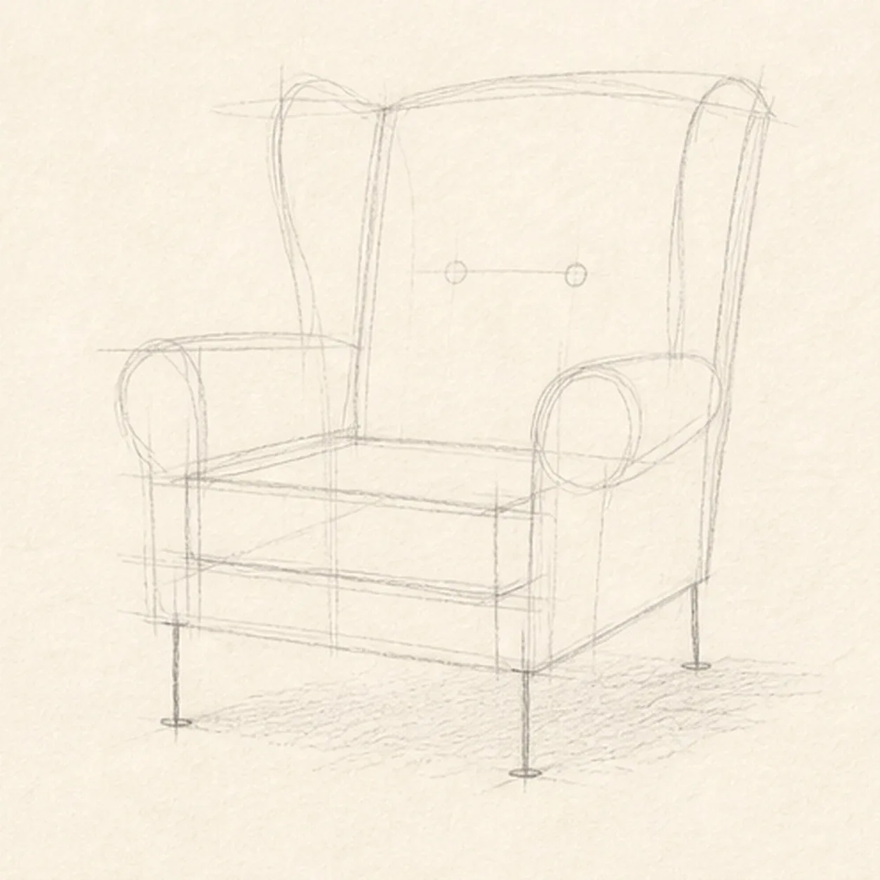 Block the chair proportions stage for how to draw a vintage wingback chair