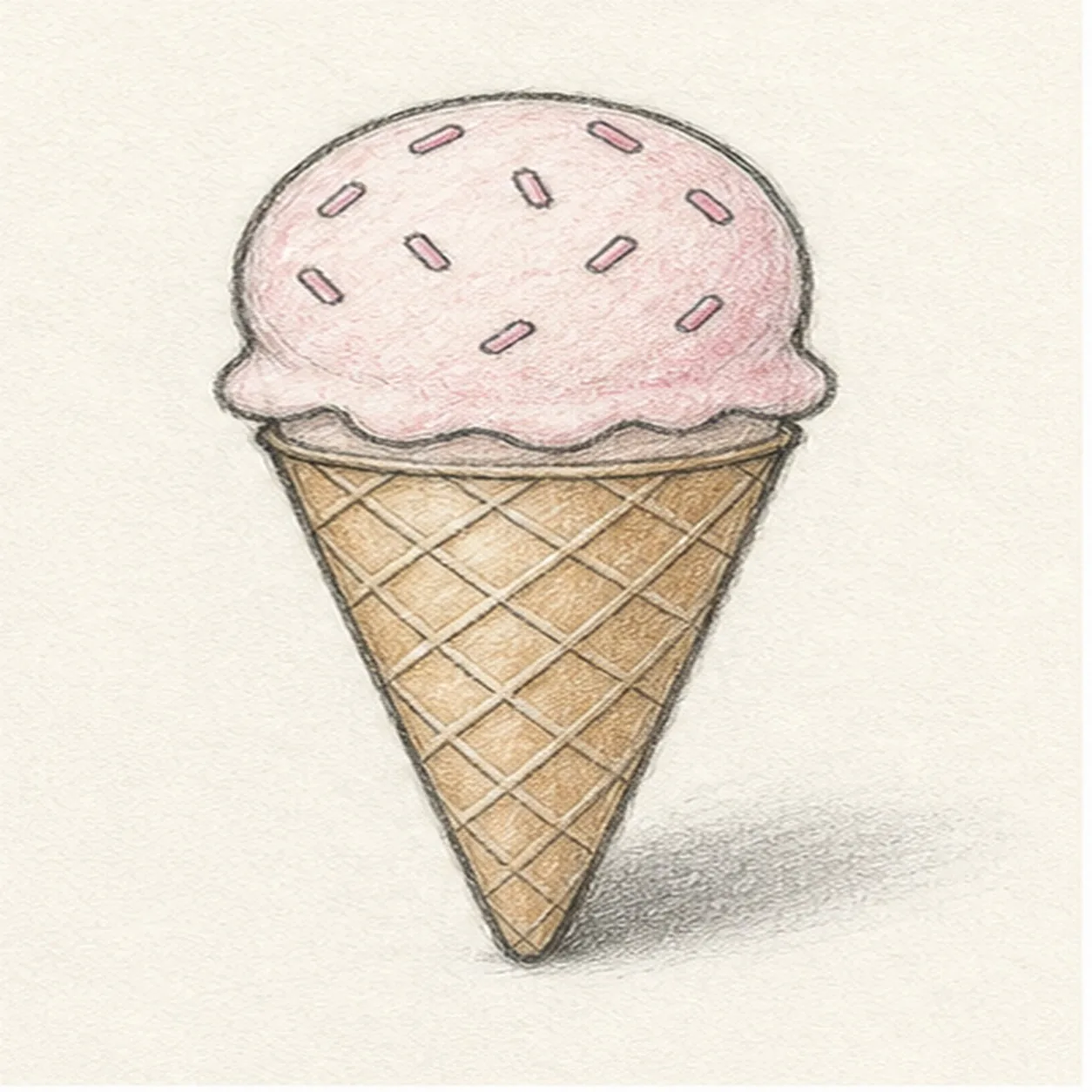 Graphite and colored-pencil sketch of a waffle ice cream cone with a pink scoop, sprinkles, crossed waffle lines, tan cone shading, and a soft cast shadow