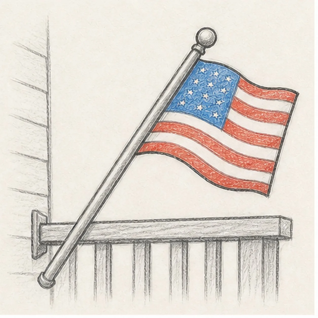 Graphite and colored-pencil sketch of a small waving American flag on an angled porch pole with curved red stripes, blue star field, porch rail, and soft shading