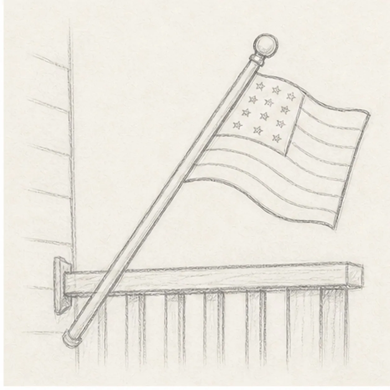 Add rail and star marks stage for how to draw a porch flag
