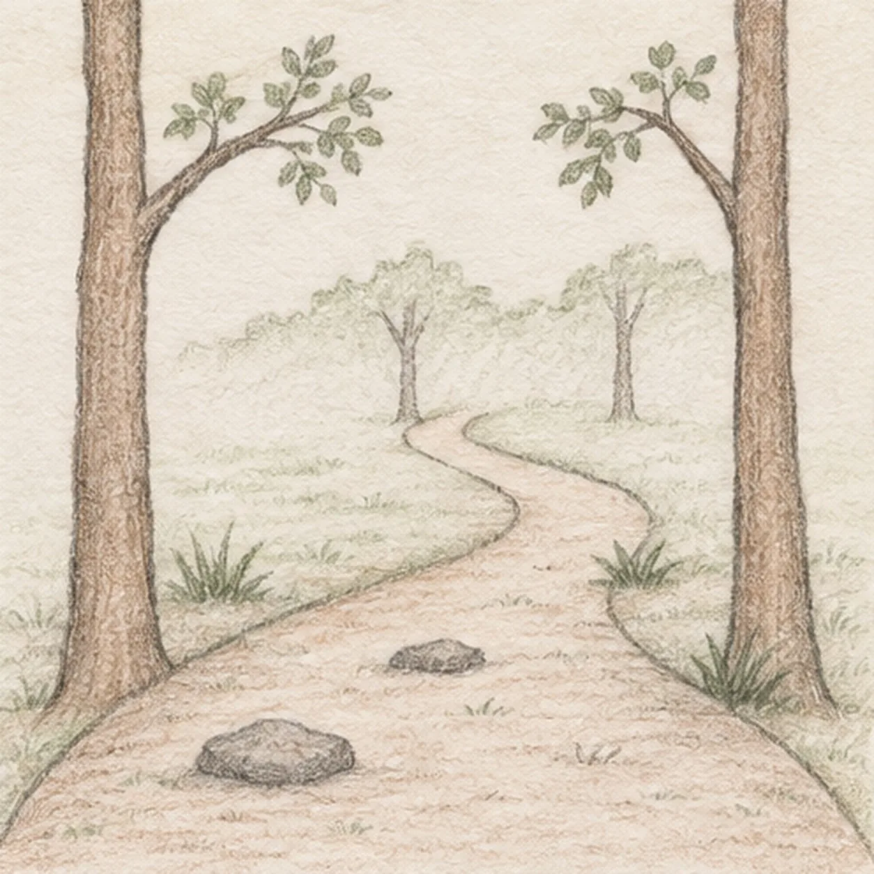 Handmade graphite and restrained colored-pencil sketch of a winding woodland trail between two large foreground trees with inward leafy branches, two smaller distant trees, a broken distant canopy, three grass tufts, two flat stones on the path, and softly hatched ground