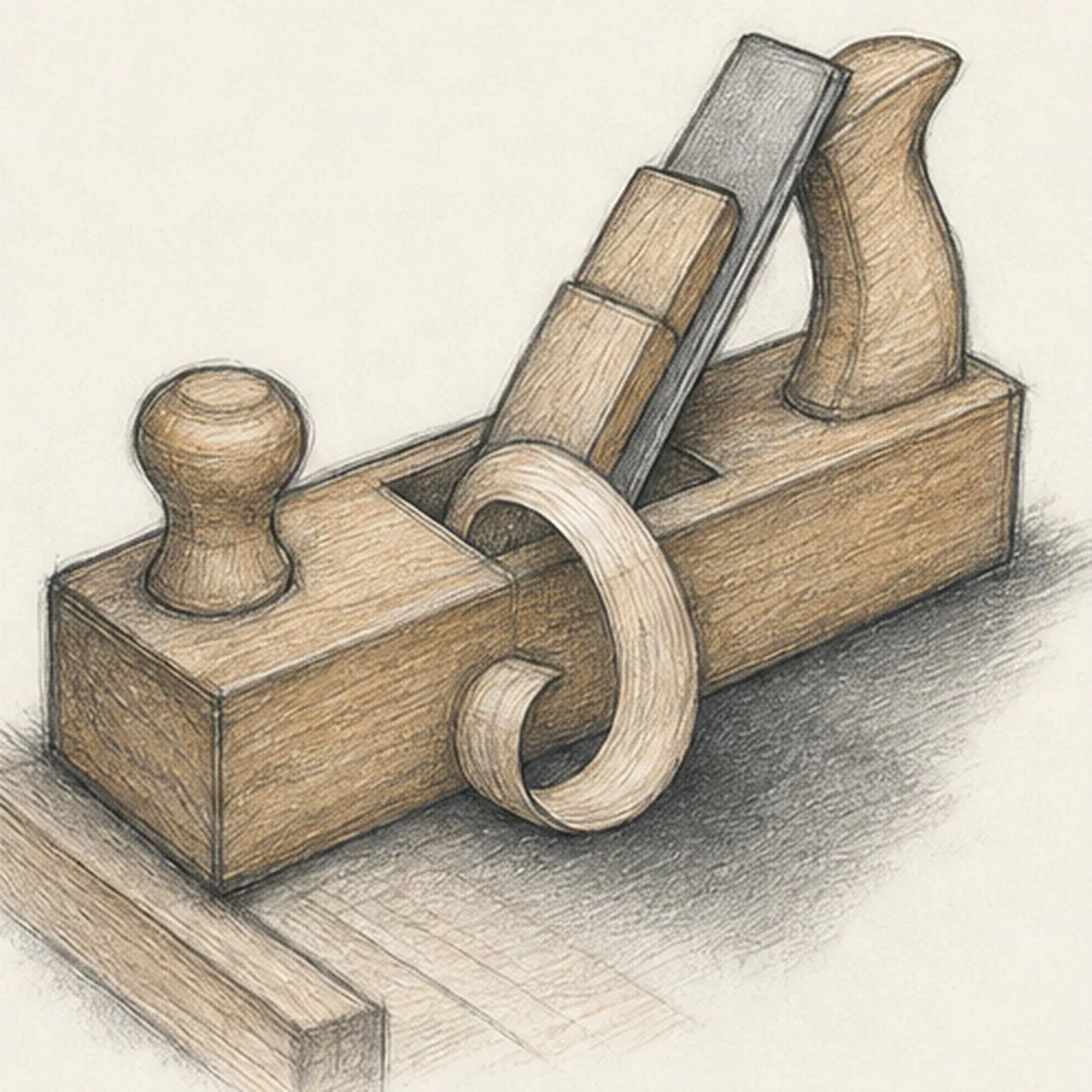 Handmade graphite and colored-pencil sketch of one traditional wooden hand plane in three-quarter view with a long warm-ochre body, curved rear tote handle, rounded front knob, slanted cool-gray cutting iron, wooden wedge, narrow mouth, exactly one broad curled wood shaving, restrained grain, cropped workbench edges, paper highlights, and a soft graphite cast shadow